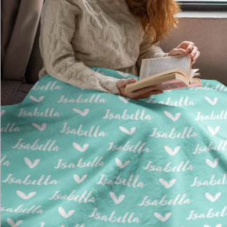 Aqua Blue gepersonaliseerde naam deken met harten