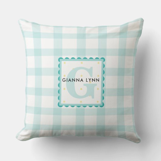 Aqua Blue Gingham monogram Kussen (Voorkant)