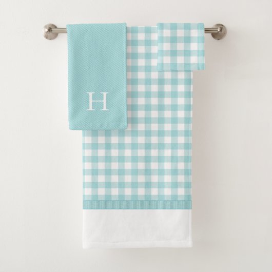 Aqua Blue Gingham Monogrammed Towel Set Bad Handdoek (Insitu)