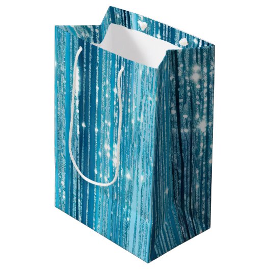 Aqua Blue Glam Tinsel Stripes Medium Cadeauzakje (Voorkant Gekanteld)