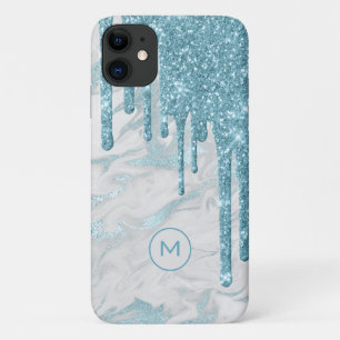 Aqua Blue Glitter Drives Monogrammed iPhone 11 Hoesje