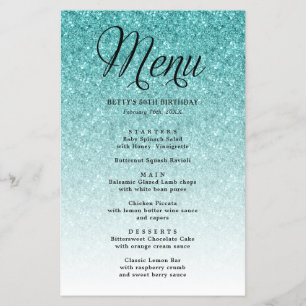 Aqua Blue Glitter Script Kop Party Menu