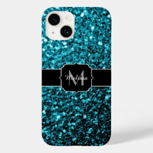 Aqua blue glitter sparters monogram Case-Mate iPhone 14 hoesje