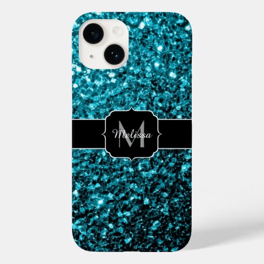 Aqua blue glitter sparters monogram Case-Mate iPhone case (Achterkant)