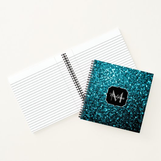 Aqua blue glitter sparters monogram notitieboek (Binnen)