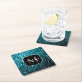Aqua blue glitter sparters monogram vierkante kartonnen onderzetter (Insitu)