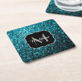 Aqua blue glitter sparters monogram vierkante kartonnen onderzetter (Schuin)