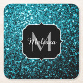 Aqua blue glitter sparters monogram vierkante kartonnen onderzetter (Voorkant)