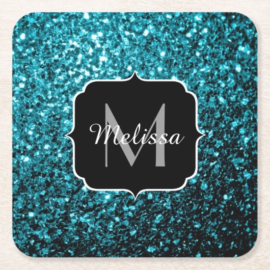 Aqua blue glitter sparters monogram vierkante kartonnen onderzetter (Voorkant)