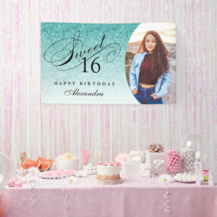 Aqua Blue Glitter Sweet 16 gepersonaliseerde foto Spandoek