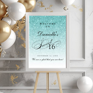 Aqua Blue Glitter Sweet 16 persoonlijk welkom Poster
