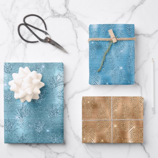 Aqua Blue Glitzy Glitter Peacock Feathers Inpakpapier Vel (Voorkant)