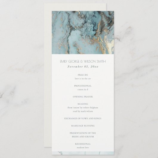 AQUA BLUE GOLD AGATE WEDDING CEREMONY PROGRAMMA (Voorkant / Achterkant)