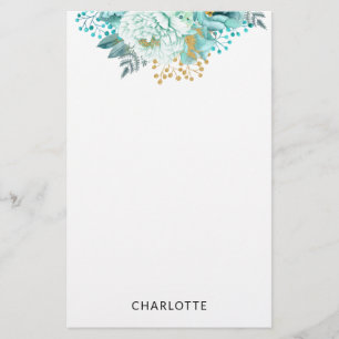 Aqua Blue Gold Floral - Aangepaste schrijfbenodigd Briefpapier