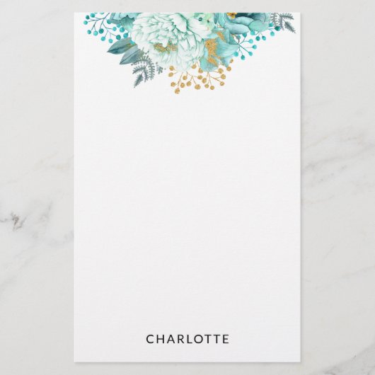 Aqua Blue Gold Floral - Aangepaste schrijfbenodigd Briefpapier (Voorkant)
