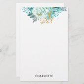 Aqua Blue Gold Floral - Aangepaste schrijfbenodigd Briefpapier (Voorkant / Achterkant)