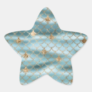 Aqua Blue Gold Glitter Zeemeermin Ster Sticker