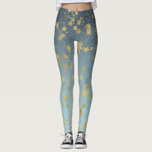 Aqua Blue Gold Ombre Sterren Leggings