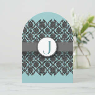 Aqua Blue Gray Bevel Damask Wedding Uitnodiging