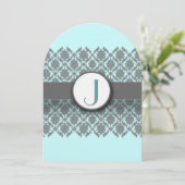 Aqua Blue Gray Damask Wedding Uitnodiging (Staand voorkant)