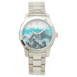 Aqua Blue Gray en Black Waves Abstracte Moderne Ar Horloge
