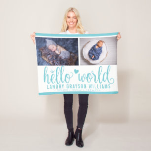 Aqua Blue Hallo World Monogram Baby Stat Fleece Deken
