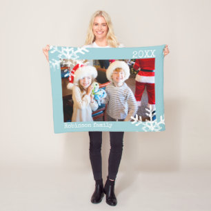 Aqua Blue Holiday Fotovervorming Snowflakes Fleece Deken