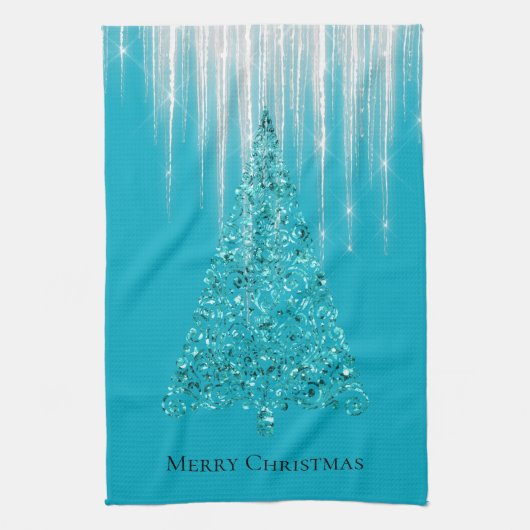 Aqua Blue Icicles Sparkle kerstboom Theedoek (Verticaal)