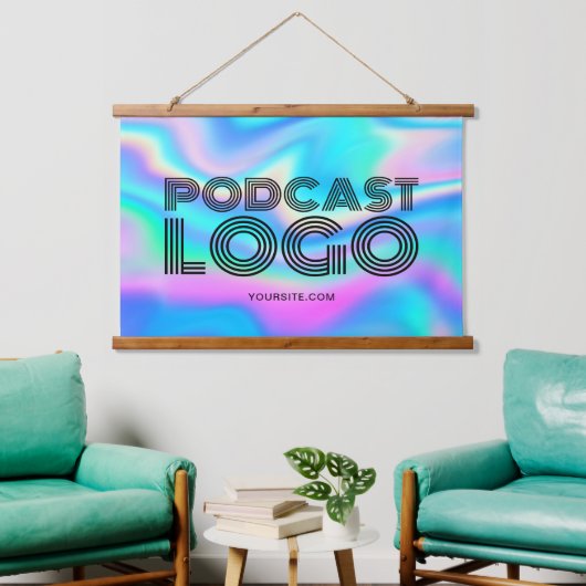 Aqua Blue Iridescent Rainbow Modern Podcast Logo Hangend Wandkleed (Woonkamer)