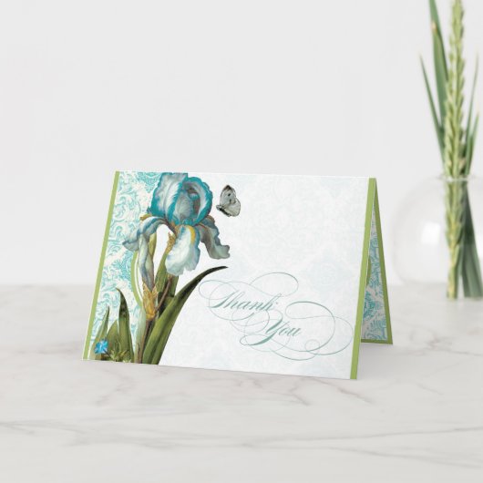 Aqua Blue Iris Damask Quatrefoil Merci Note (Devant)