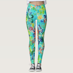 Aqua Blue Kleurrijke Bloemen  Stijl Kunst Leggings
