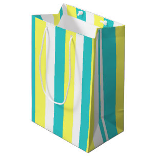 Aqua Blue, Lemon Yellow en White Stripes Medium Cadeauzakje