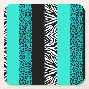 Aqua Blue Leopard en Zebra Animal Print Vierkante Kartonnen Onderzetter