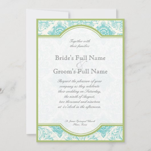 Aqua Blue Lime Toile Quatrefoil Mariage Invitation (Devant)
