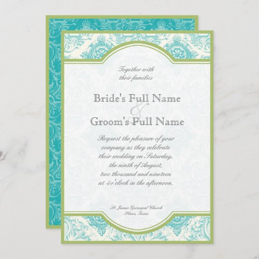 Aqua Blue Lime Toile Quatrefoil Mariage Invitation (Devant / Derrière)