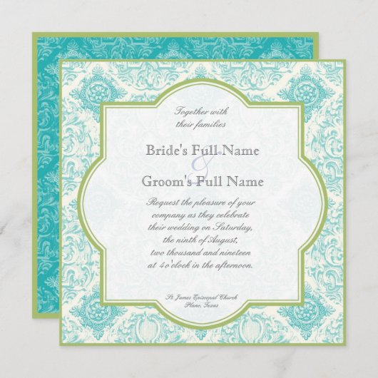 Aqua Blue Lime Toile Quatrefoil Mariage Invitation (Devant / Derrière)