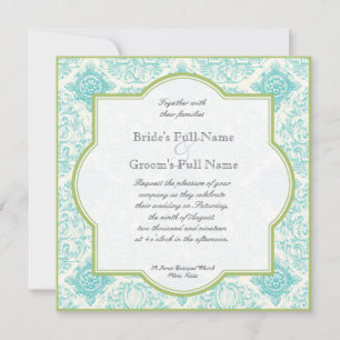 Aqua Blue Limoen Iris Quatrefoil Wedding Invite Kaart