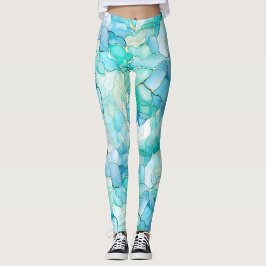 Aqua Blue Marble Abstract Leggings (Voorkant)