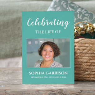 Aqua Blue Memorial Funeral Prayer Card met foto Informatiekaartje