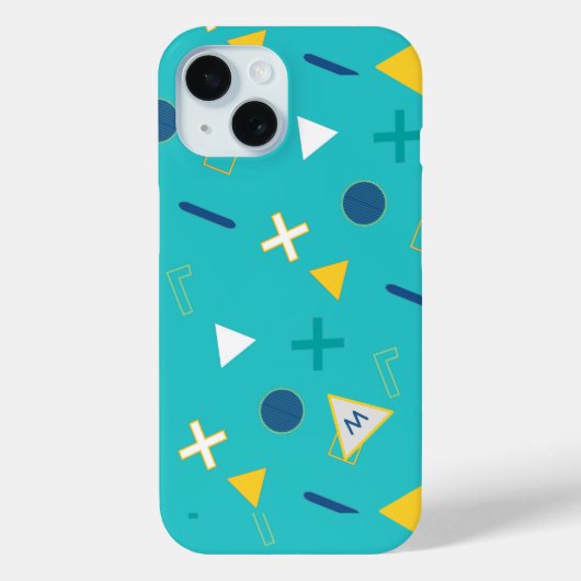 Aqua Blue Memphis Monogram Case-Mate iPhone Case (Achterkant)