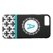 Aqua Blue Monogram Fleur de Lis Pattern Case-Mate iPhone Case (Achterkant (Horizontaal))