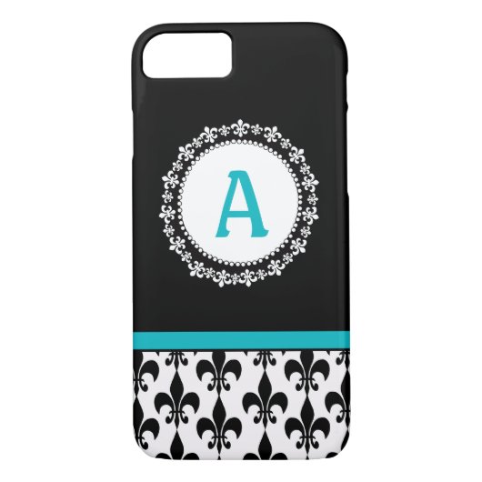 Aqua Blue Monogram Fleur de Lis Pattern Case-Mate iPhone Case (Achterkant)