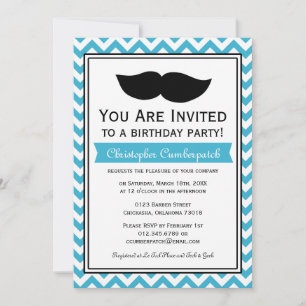 Aqua Blue Mustache Chevron Birthday Party Kaart