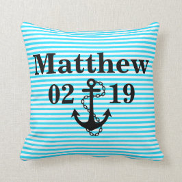 Aqua Blue Name Pillow met Anchor Design Kussen