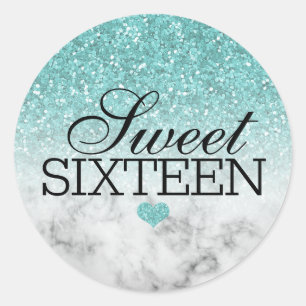 Aqua Blue Nep Glitter/Marmer Sweet 16 Ronde Sticker