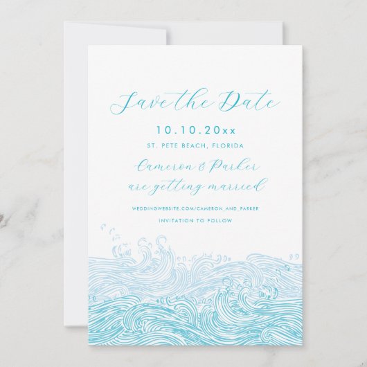 Aqua Blue Ocean Waves Beach Wedding Bewaar de datu Save The Date (Voorkant)
