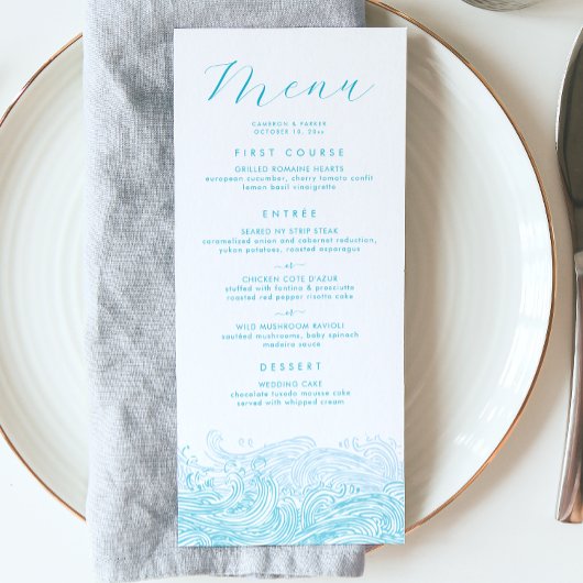 Aqua Blue Ocean Waves Beach Wedding Menu