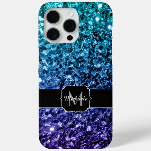 Aqua blue Ombre faux glitter sparkles Monogram iPhone 15 Pro Max Hoesje