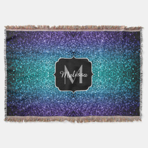 Aqua blue Ombre faux glitter sparkles Monogram Deken
