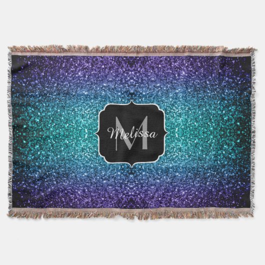 Aqua blue Ombre faux glitter sparkles Monogram Deken (Voorkant)